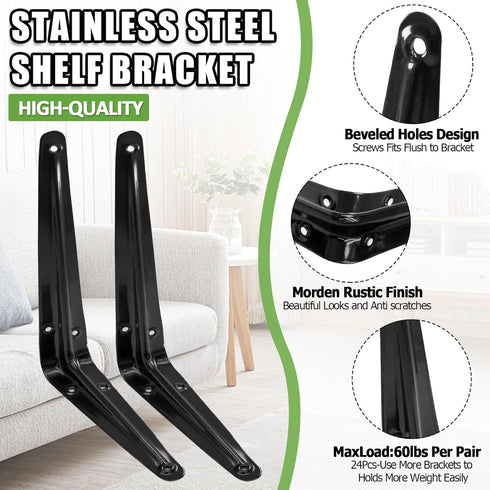 PHITUODA 24 Pack 8 6 Inch, Shelf Brackets x Heavy Duty Black Metal Floating Shelf Bracket, L Bracket Corner Brace