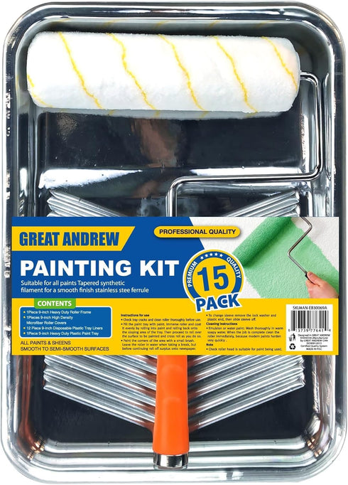 9 Inch Set, 15-Pack, 12 Great Andrew Paint Tray Plastic Paint Tray with Textured Tray Liners, Paint Roller Liners Kit