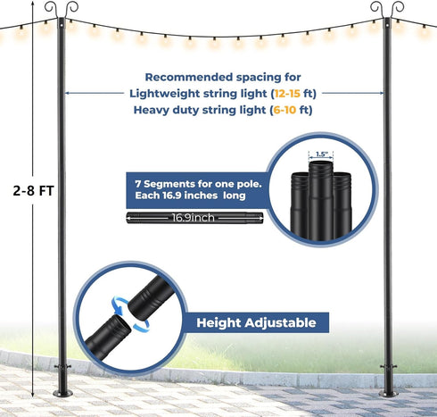 8 1 Pack 1.5" String Light Pole FT Adjustable, Heavy Duty Rustproof Metal Mounting Pole for Deck, Fence, Patio - Dual