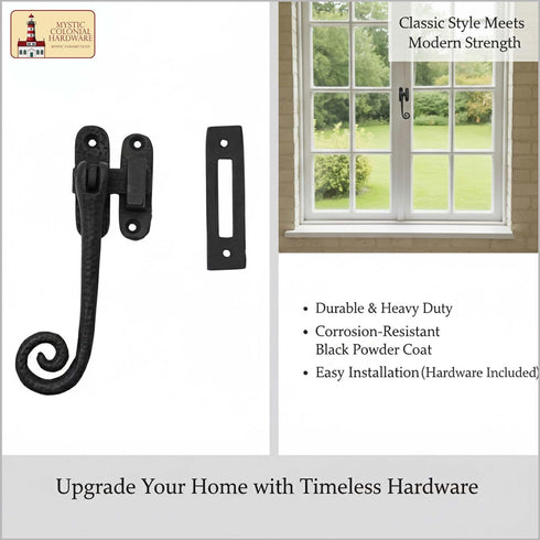 Hammered Mystic Colonial Medieval Cast Iron Monkey Tail Window Latch Fastener | Rustic Black Coated for Cottage