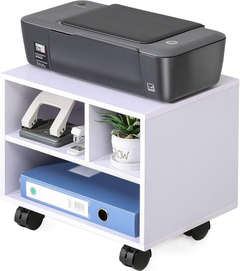 FITUEYES Under Desk Printer Stand - Mobile Small Printer Table with 3 Storage Organizer Compartments, White