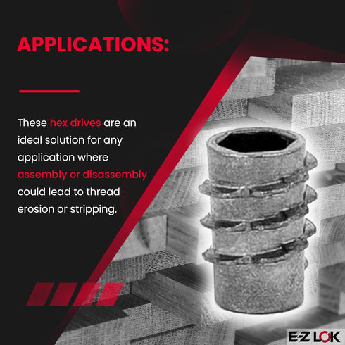 E-Z LOK Knife Threaded Insert for Soft Wood, Zinc Hex-Flush Thread Inserts, Pack of 100