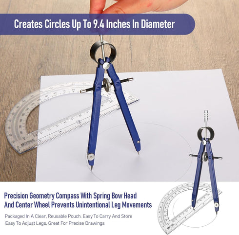 EBOOT Student Geometry Math Set, Drawing Compass and 6 Inch Clear Swing Arm Protractors for 180 Degree (Blue)