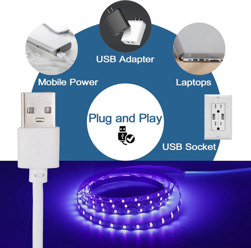 6.6FT/2M 120 395-400nm, 5V 10W LED Black Light Strip - Units LED UV Wick USB DC Flexible Blacklight Fixtures