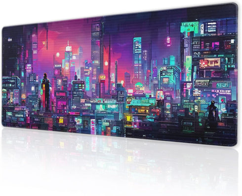 Retro Japanese Anime Gaming Mouse Pad XL, Cool Dark Purple Red Vaporwave City Extended Desk Mat