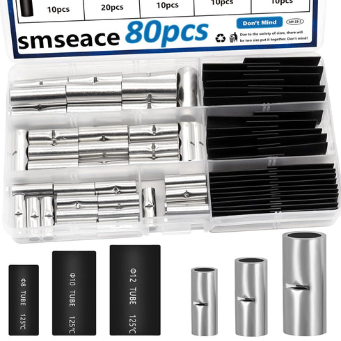 smseace 80pcs Non Insulated Butt Connectors Kit - 4/6/8AWG with Heat Shrinkable Tube for Automotive and Marine