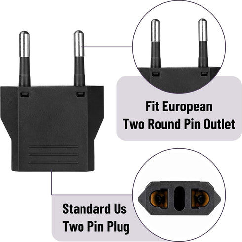 Bates European Plug Adapter, 3 pcs, Black, US to Europe Plug Adapter, Electrical Adapters, Converter Plug