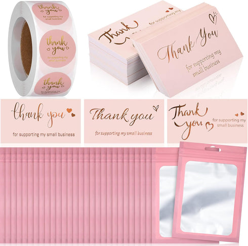 Epakh 1140 Pieces Thank You Card and Sticker Set, Includes 100 Thank You Business Cards, 1000 Roll Labels, 40 Packaging