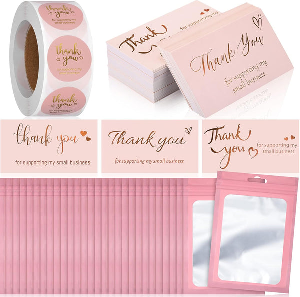 Epakh 1140 Pieces Thank You Card and Sticker Set, Includes 100 Thank You Business Cards, 1000 Roll Labels, 40 Packaging
