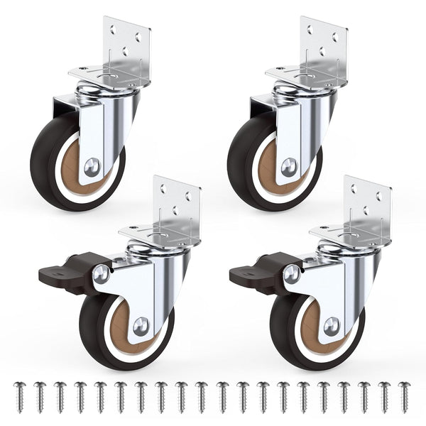 2 Inch Side Mount Casters Set of 4, Heavy Duty Furniture Wheels Supporting Up to 250 LBS, 2 with Brakes
