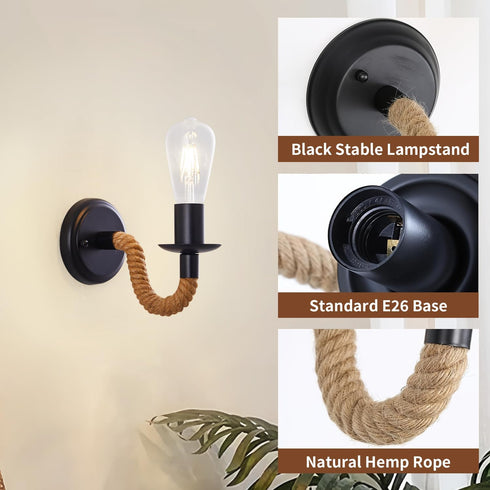 KUAUGST E26 (Bulb Black Rustic Wall Sconces, Retro Industrial Wall Lamps, Hemp Rope Wall Lamp, Lamp Holder, Suitable