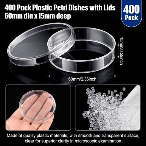Kigley 400 Pcs Sterile Plastic Petri Dishes with Lids, 60mm Dia x 15mm Deep Clear Culture Dish for Lab Projects