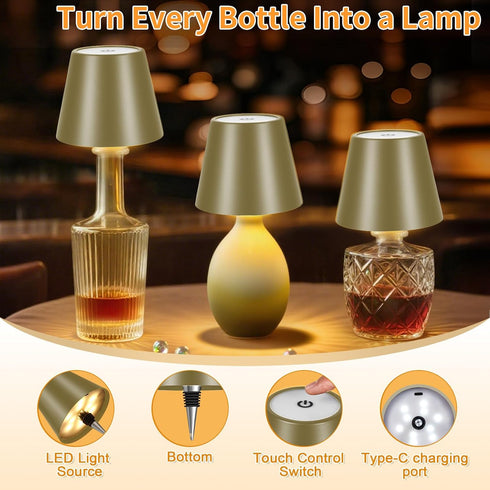 3 Dimmable, 5H 48H Rechargeable Wireless Bottle Lamp - Color Stepless Metallic Gold Lampshade, Bright Light or Soft