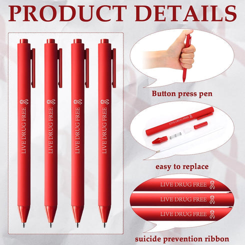 Cholemy 150 Pcs Red Ribbon Week Pen, Black Ink Retractable Ballpoint Pens for Red Ribbon Awareness Supplies, Charity