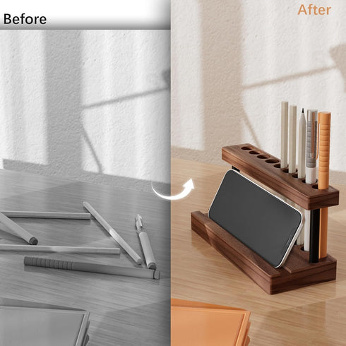 Pencil & Pen Holder for Desk, Solid Walnut Pen Display Stand with 9 Slots and Cell Phone Holder, Aesthetic Decor