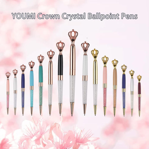 YOUMI 6Pcs Ballpoint Pen Set, Crown Crystal Metal Pens, Black Ink Glitter Diamond Pens for Office, School Stationery