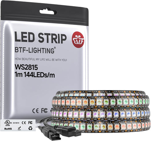 BTF-LIGHTING WS2815 (Upgraded WS2812B) LED Strip Light,UL Listed,3.2FT 144 LED/Pixels,Flexible Chasing RGB,Dual