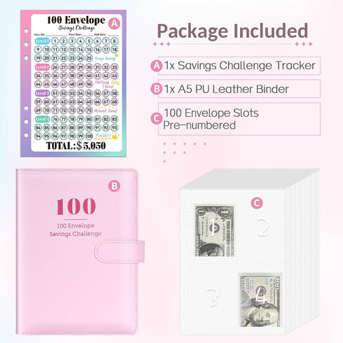 Sooez 100 Envelopes Challenge Binder, Money Saving Challenge Budget Binder with Cash Envelopes, Savings Challenge Book - Easy & Fun Way to Save $5,050, Money Saving Binder for Budgeting & Saving