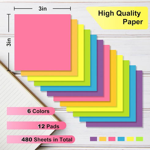 OHOME Sticky Notes - 12 Pads, 3”x3” - Colorful Self-Stick Post Notes Bulk - School Supplies | Teacher Must Haves | Classroom Must Haves | Office Supplies - Aesthetic Home Office Desk Essentials by OHOME