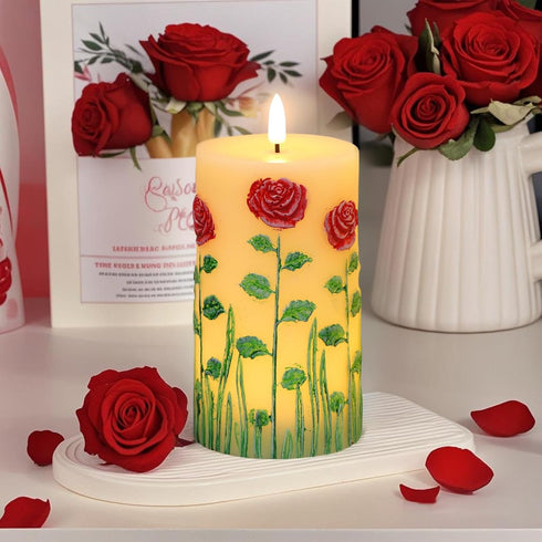6 3D Decor((2Pcs, D3H6.5) Eldnacele Rose Flameless Candles with Hour Timer, Battery Operated Hand Painted Wick