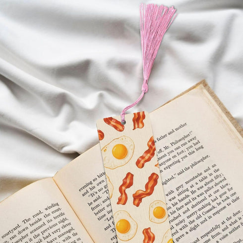 ZEYARUIBO Fried Egg & Bacon Wood Bookmark Vintage Fun Cartoon Patterns with Tassels Suitable for Book Lovers