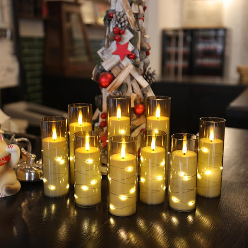 Set 12 Da by Flameless Candles with Recessed String Light, Battery Operated Candles, Acrylic LED Pillar Candles