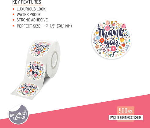 easykart 500 Thank You Stickers 1.5" Round Multi Color Flower Design for Birthdays, Weddings, Giveaways