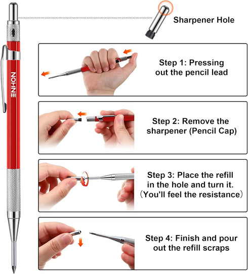 Enhon 2mm Mechanical Carpenter Pencil Set with 12 Marker Refills and Sharpener, Woodworking Marking Tool Solid Deep Hole Construction Pencil, Extended Needle-Nose Tip for Use in Jobs (Black, Red) by Enhon