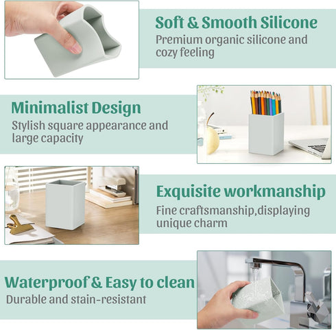 Pen Holder for Desk, Nordic Elegance Square Silicone Pencil Holder, Waterproof Multifunctional Office Supplies (Grey)