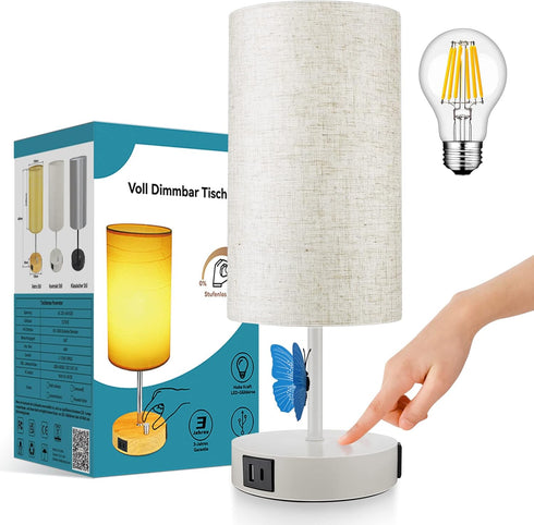 15.75''H 3-Way Dimmable 2 E26 Bulb Table Lamp Touch Control, Small Bedside Lamps with USB Ports & AC Outlet, Nightstand