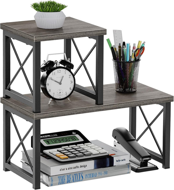 Honiter Wood Desktop Shelf - 2 Tier Adjustable Stackable Office Supplies Desk Organizer, Freestanding Small Bookshelf,