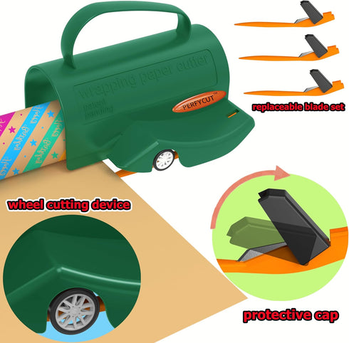 PERFYCUT Wrapping Paper Roll Cutter Tool with 3 Pcs Replaceable Blades, Gift Wrap Cutter for Christmas and Birthday
