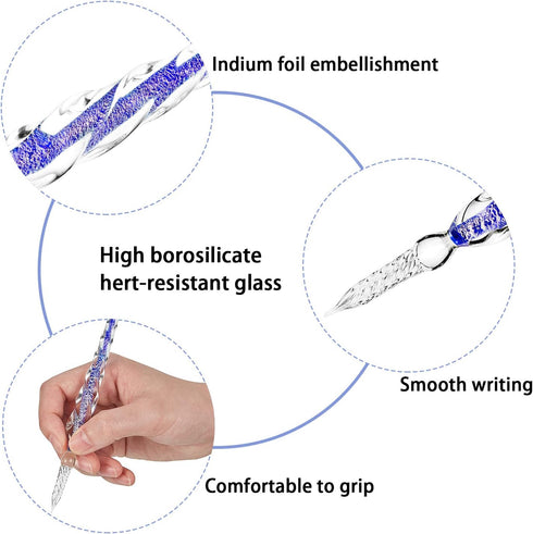 Zonon 3 Pieces Handmade Glass Dip Pen, Elegant High Borosilicate Glass for Writing, Drawing, Calligraphy (Silvery,