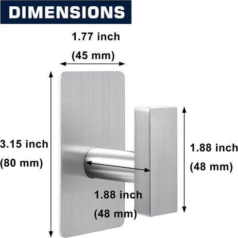 (4-Pack) Adhesive Towel Hooks Square Stainless Steel Adhesive Wall Hooks for Bathroom Kitchen Hanging Hats, Coats, Clothes (Brushed Nickel)
