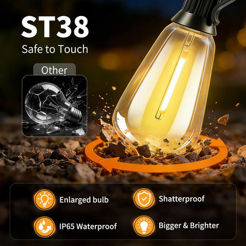FUANXIEI ST38 33FT 10M Bulbs 3 Dimmable Solar Lights Outdoor Waterproof: Shatterproof Patio Lights - Solar Powered