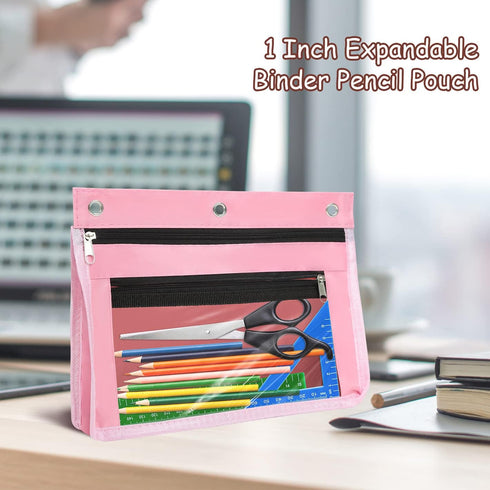 YoeeJob 1 Pack Pencil Pouch for 3 Ring Binder, Expandable Zipper Binder Pouches with Large Capacity Clear Window, Pink