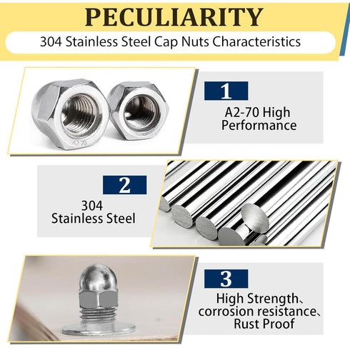 Vifmy 304 Kit(100PCS), 6#32 8#32 10#24 10#32 1/4"-20 5/16"-18 3/8"-16 Sets, Stainless Steel Acorn Nuts Assortment SAE