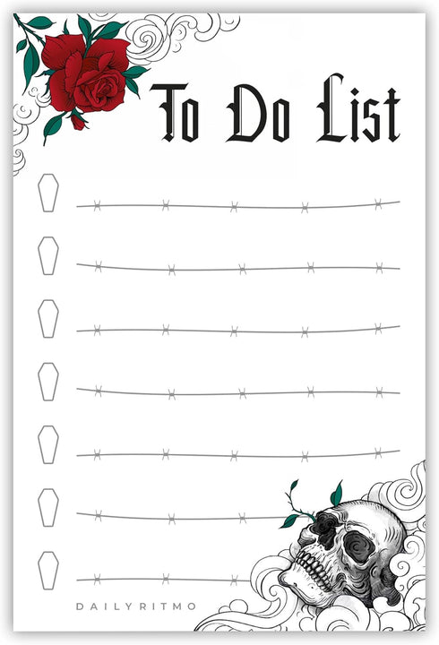 Gothic Skull Sticky To Do List Notepad, Witchy Gifts for Women, Creepy Spooky Goth Emo Stuff, 50 Pages