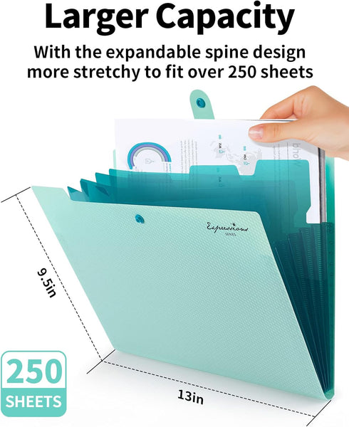 Sooez 5 Pocket Expanding File Folder, Cute Letter Size Accordion Folder for School Office Supplies, Green