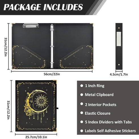 3 Ring Binder 1 Inch Three Ring Binder Cute Binder Fits A4 Paper Decorative Clipboard Binder with 5 Tab Dividers for School Office Supplies(Black Gold Sun Moon) by CenviaLuxy