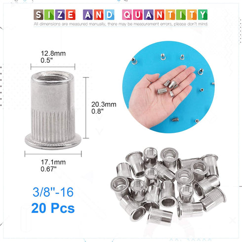 Glarks 20Pcs 3/8''-16UNC 304 Stainless Steel Rivet Nuts Flat Head Threaded Insert Nutserts Set