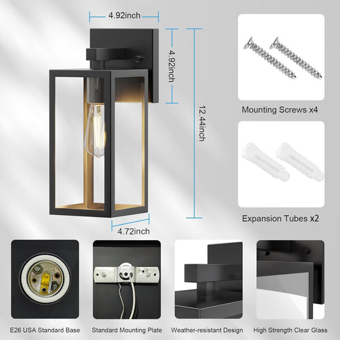 Kalium Porch Wall Lights Outdoor, Waterproof Lanterns with Frame and Clear Glass Shade, Exterior Front Porch Light
