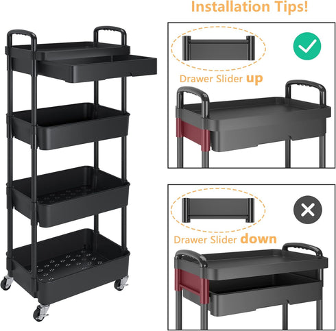 Calmootey 4-Tier Rolling Utility Cart with Drawer, Multifunctional Storage Organizer for Kitchen, Bathroom, Living