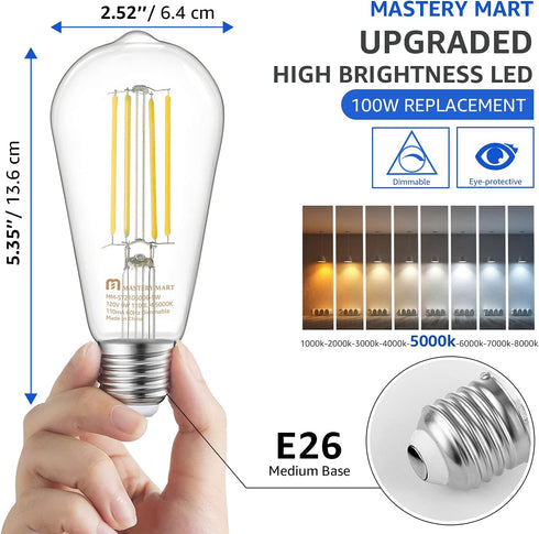 MASTERY MART 100 Watt LED Bulb, Edison Bulbs Dimmable Light Bulbs E26, 5000K Daylight White Bright 9W 1100LM, ST21/ST64 Vintage Light Bulbs, UL Listed, Clear Glass, Decorative Light Bulb (10 Pack) by MASTERY MART