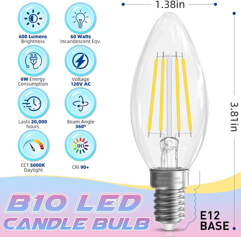 E12 Bulb, 5000K 6W 60 E12 Bulb Non-Dimmable, Bulbs, B10 Bulbs, 90+CRI, 600LM, 12 Pack GvvooHome Candelabra Daylight