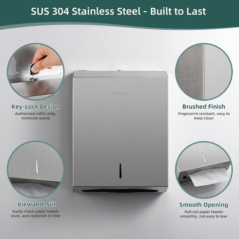 Commercial Paper Towel Dispenser Wall Mount, Large C/Z Tri Fold Multifold Hand Towels Dispenser, Brushed Stainless