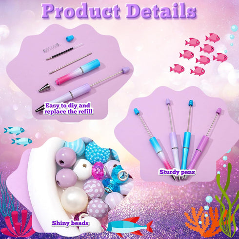 Yeaqee 24 Sets Mermaid Beadable Pens, Assorted Beaded Pen Making Kit, Multicolor Black Ink DIY Ballpoint