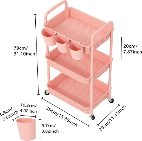 MOYIPIN 3-Tier 5 Plastic Rolling Utility Cart with Handle,Utility Storage Cart for Office, Living Room, Kitchen,Movable