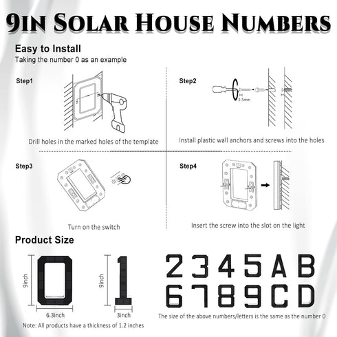 ISUNMEA 9 Inch (8-Black, 9IN) Solar Lighted House Numbers for Outside, Light Up Waterproof LED Address Numbers Signs