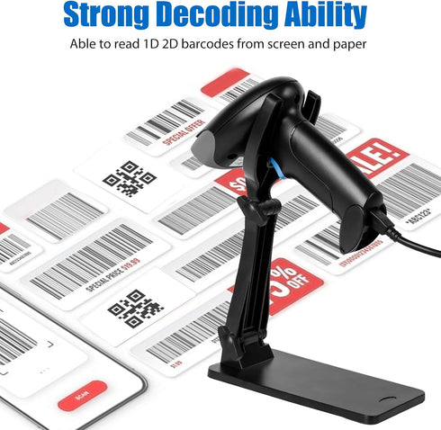 Rabitpos 1D 2D 2.4G CMOS QR Code Scanner with Foldable Stand, Barcode Scanner Wireless & USB Wired Connection, Handheld
